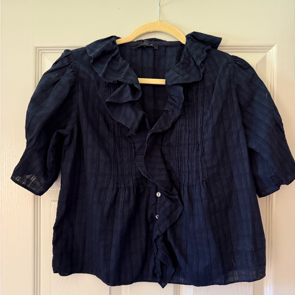 Madewell Pintuck Navy Ruffle Blouse